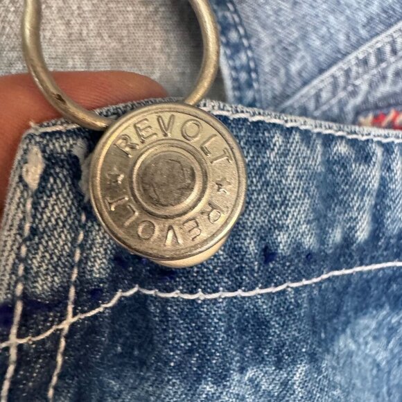 90s Vintage Revolt Blue Denim Rainbow Trim Straight Leg  Utility Overalls Size L - Picture 4 of 16